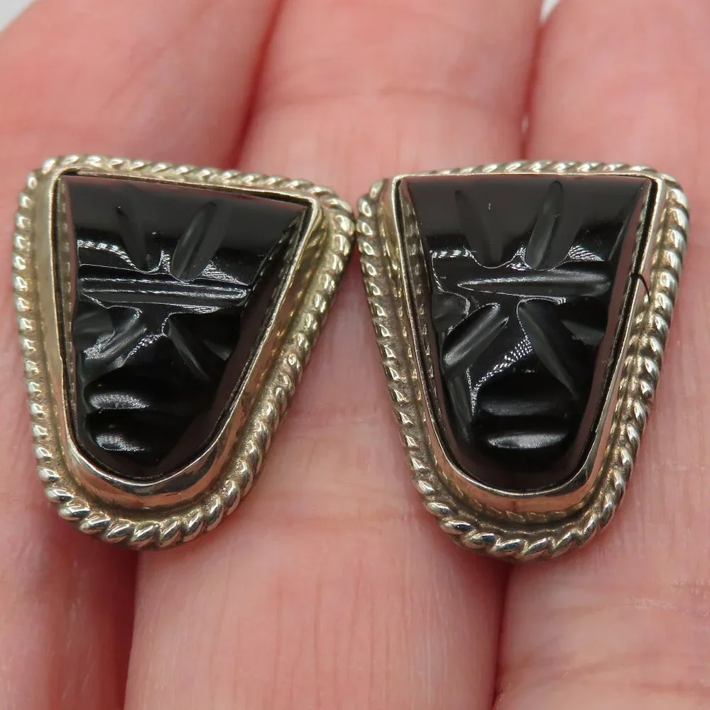 Sterling Silver Vintage Aztec Mayan Warrior Carved Onyx Cufflinks